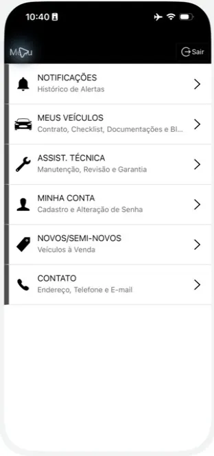 Menu principal do aplicativo da SC Blindagens