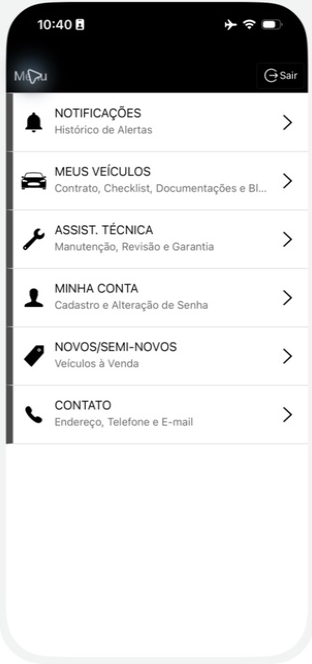 Menu principal do aplicativo da SC Blindagens