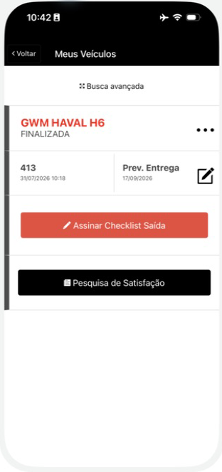 Tela Meus Veículos com status e previsão de entrega