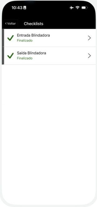 Tela de checklists de entrada e saída do veículo